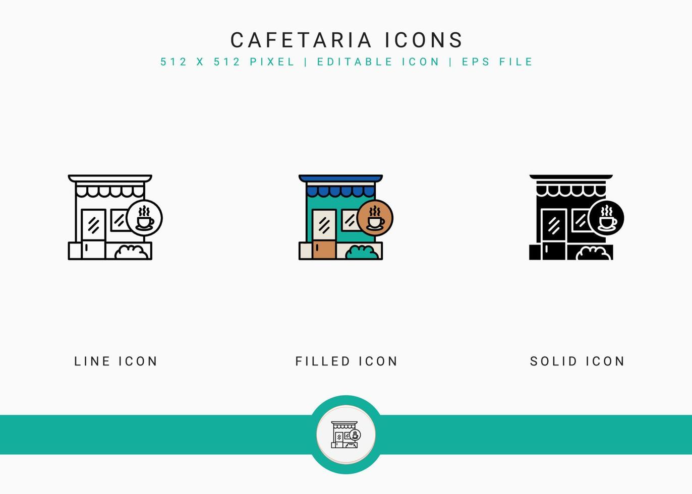 le icone della caffetteria impostano l'illustrazione vettoriale con lo stile della linea dell'icona solido. concetto di edificio moderno caffè. icona del tratto modificabile su sfondo isolato per il web design, l'interfaccia utente e l'app mobile