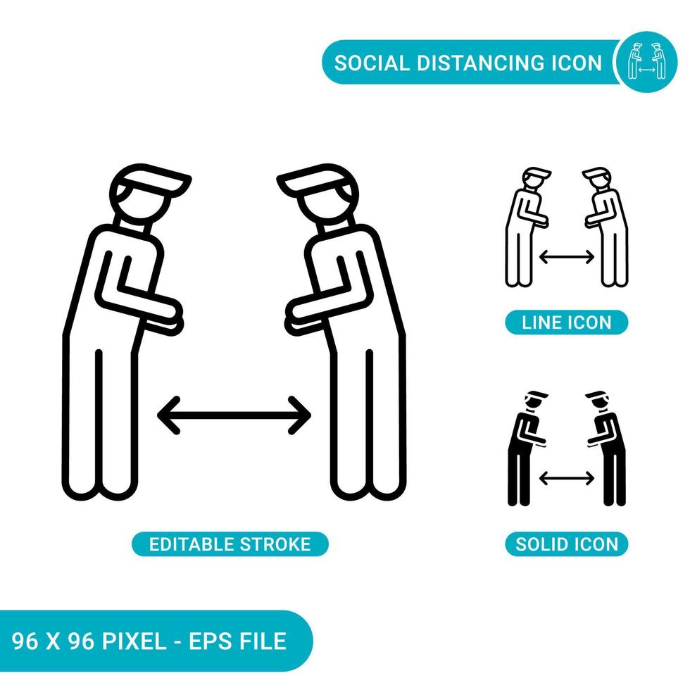 le icone di distanza sociale impostano l'illustrazione vettoriale con lo stile della linea dell'icona solido. concetto di misure di quarantena. icona del tratto modificabile su sfondo isolato per il web design, l'infografica e l'app mobile dell'interfaccia utente.