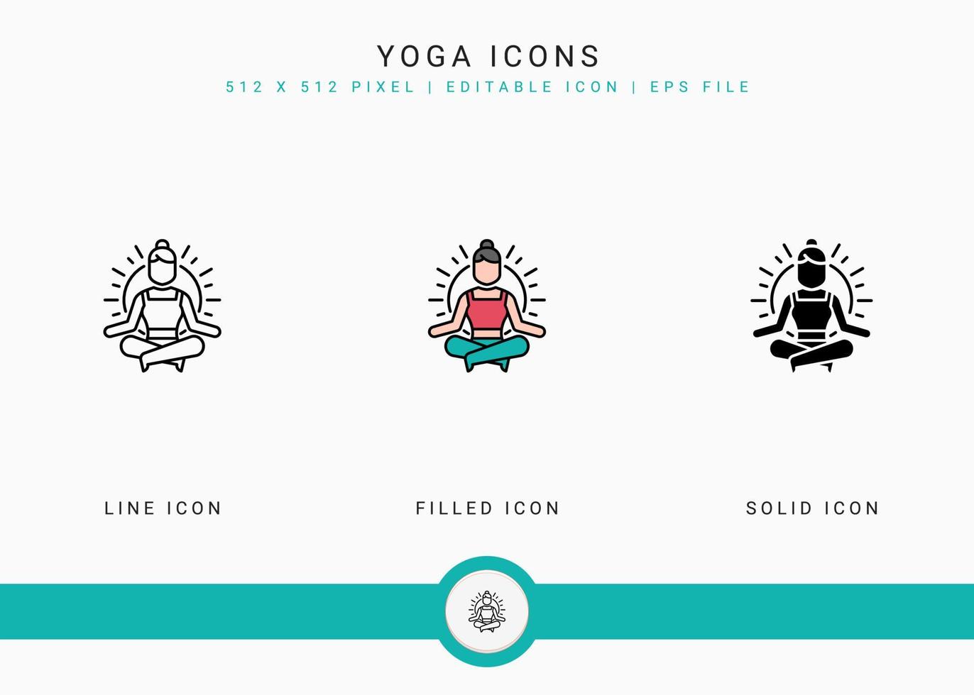 le icone dello yoga impostano l'illustrazione vettoriale con lo stile della linea dell'icona solido. concetto di energia meditativa. icona del tratto modificabile su sfondo isolato per il web design, l'interfaccia utente e l'app mobile