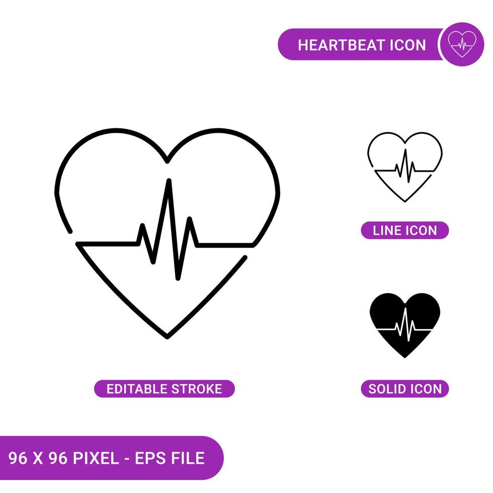 le icone del battito cardiaco impostano l'illustrazione vettoriale con lo stile della linea dell'icona solido. concetto di cardiogramma. icona del tratto modificabile su sfondo isolato per il web design, l'infografica e l'app mobile dell'interfaccia utente.