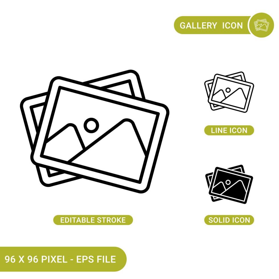 le icone della galleria impostano l'illustrazione vettoriale con lo stile della linea dell'icona solido. concetto di album di immagini. icona del tratto modificabile su sfondo isolato per il web design, l'infografica e l'app mobile dell'interfaccia utente.