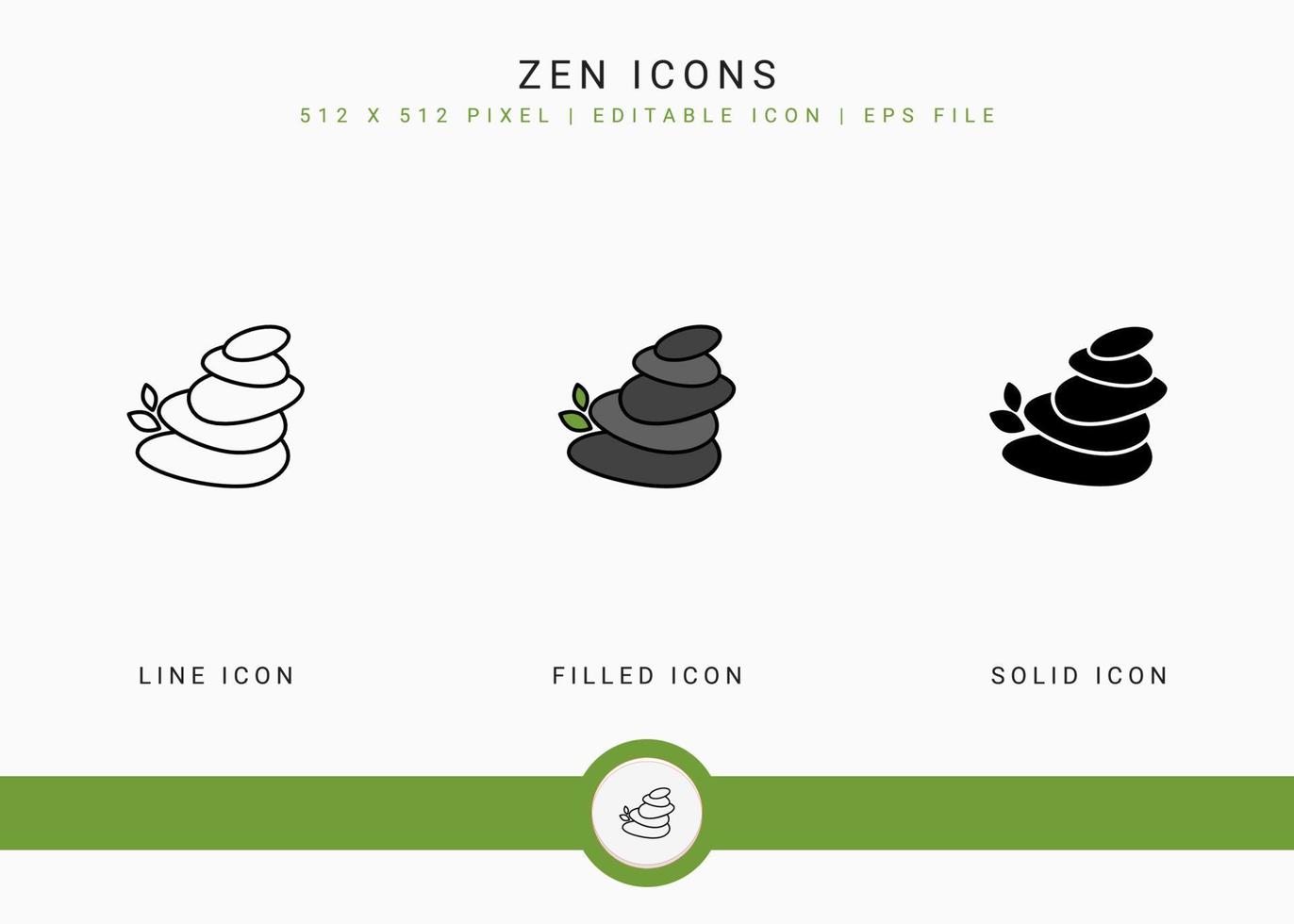 le icone zen impostano l'illustrazione vettoriale con lo stile della linea dell'icona solido. concetto di energia meditativa. icona del tratto modificabile su sfondo isolato per il web design, l'interfaccia utente e l'app mobile