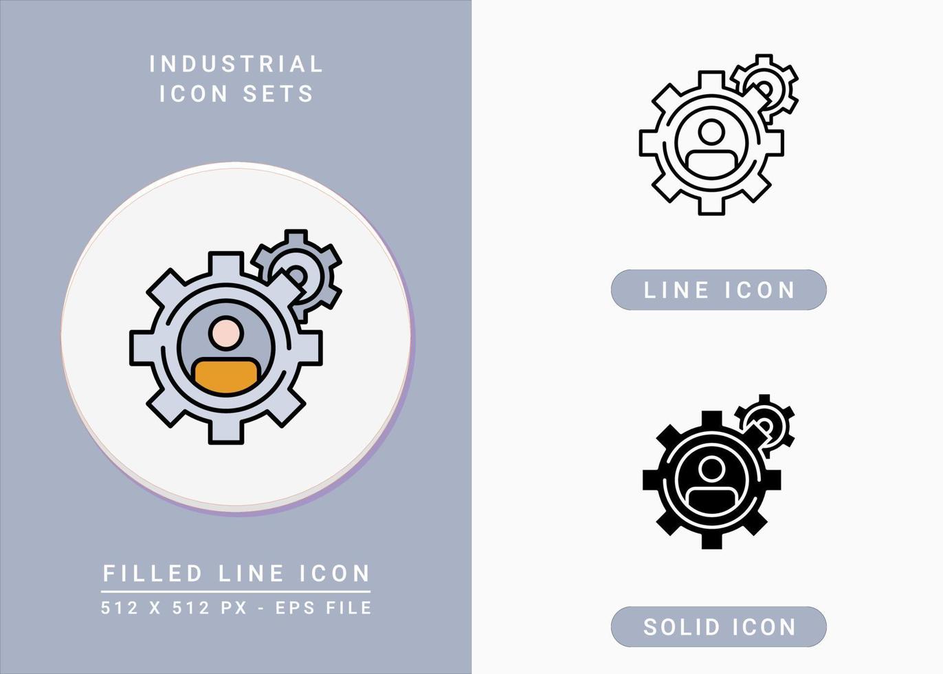 icone industriali impostano l'illustrazione vettoriale con uno stile di linea di icone solide. simbolo di ingranaggio e persone. icona del tratto modificabile su sfondo isolato per il web design, l'interfaccia utente e l'app mobile