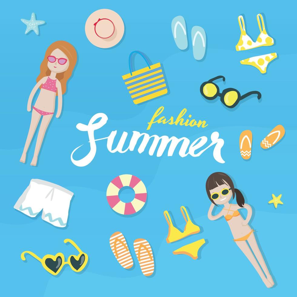set di bikini estivi colorati e icone di accessori da spiaggia per le donne vettore