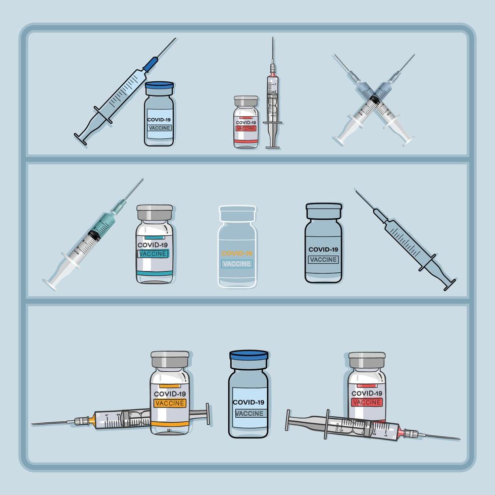 set di icone vettoriali per bottiglia di vaccino, siringa e ago covid 19