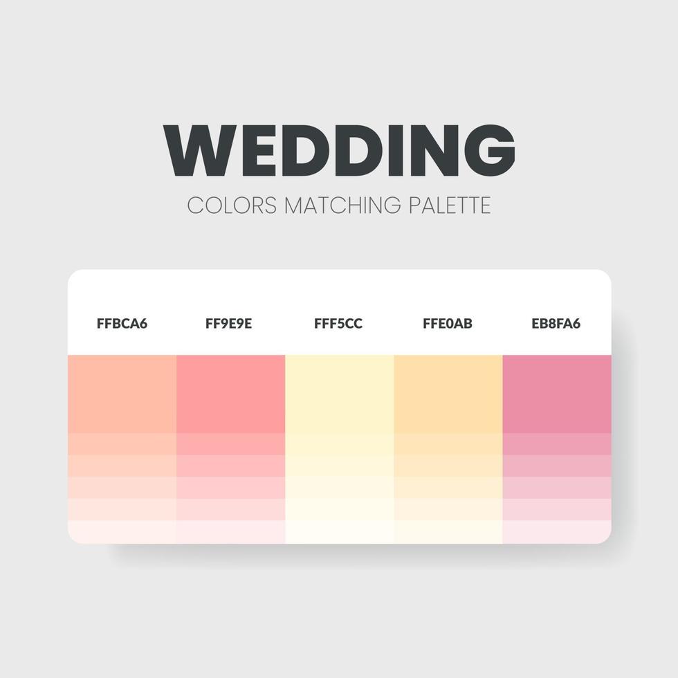 la tavolozza dei colori del matrimonio o le combinazioni di colori sono combinazioni di tendenze e guide alle tavolozze. esempio di tonalità di colore da tavolo in rgb e hex. un campione di colore per gli amanti della moda matrimonio, della casa, dell'interior design vettore