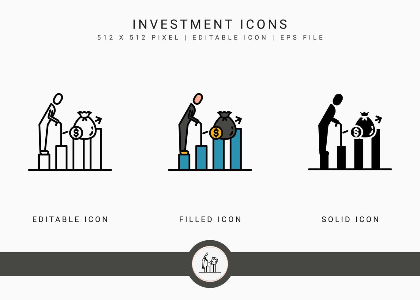 le icone di investimento impostano l'illustrazione vettoriale con lo stile della linea dell'icona solido. concetto di piano di fondo pensione. icona del tratto modificabile su sfondo bianco isolato per il web design, l'interfaccia utente e l'applicazione mobile