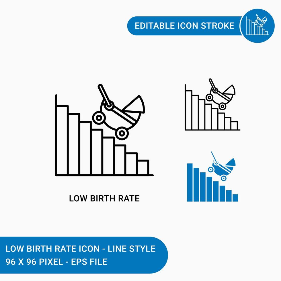 le icone del basso tasso di natalità impostano l'illustrazione vettoriale con lo stile della linea dell'icona. concetto di popolazione del tasso di natalità di perdita. icona del tratto modificabile su sfondo bianco isolato per web design, interfaccia utente, app mobile