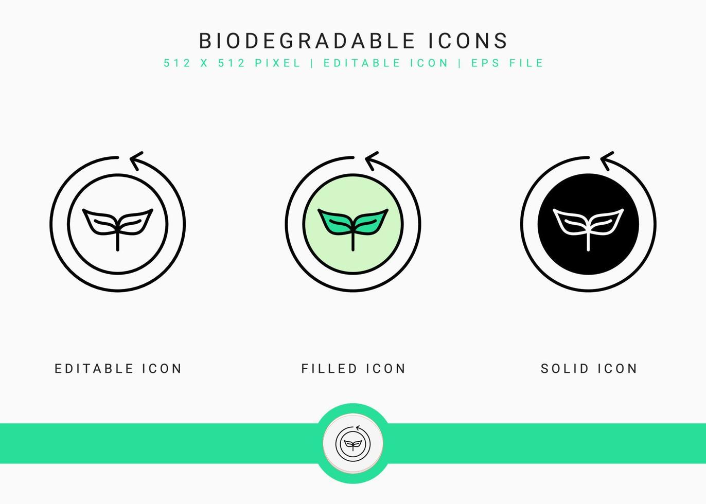 icone biodegradabili impostano l'illustrazione vettoriale con lo stile della linea di icone solide. concetto di plastica bio. icona del tratto modificabile su sfondo isolato per il web design, l'interfaccia utente e l'applicazione mobile