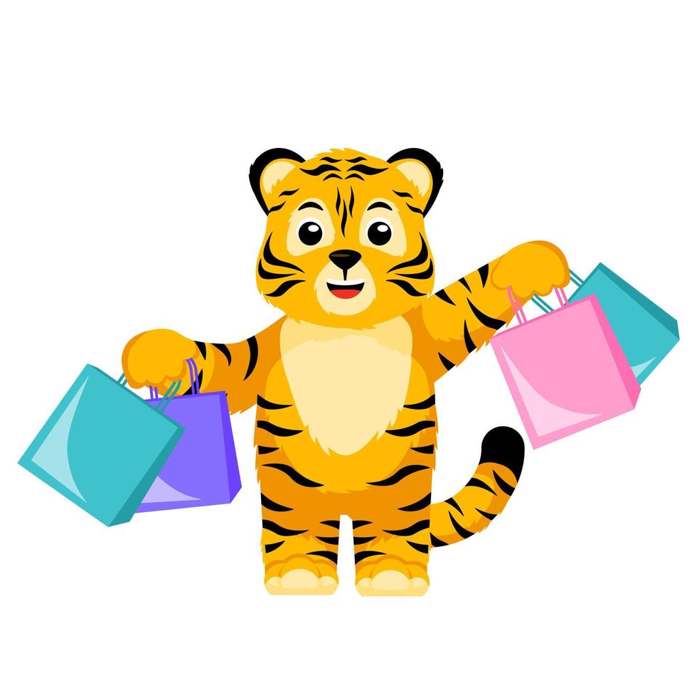 piccola tigre carina isolata con pacchetti in mano. acquisto felice del cucciolo di tigre del fumetto del carattere. vettore