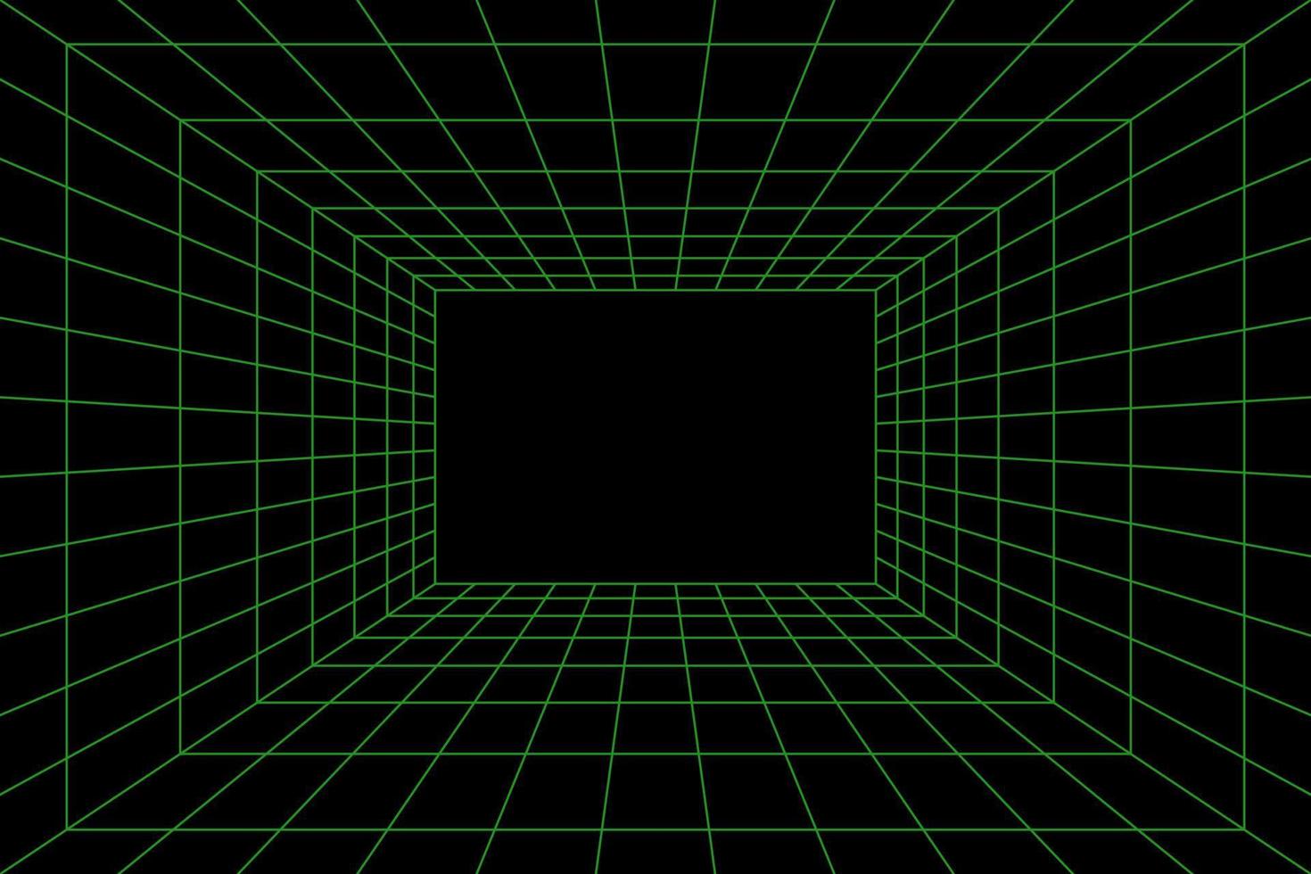 stanza della griglia in prospettiva, illustrazione vettoriale in stile 3d. wireframe per interni da linee verdi, quadrato interno modello, scatola vuota digitale. raggio laser su sfondo nero