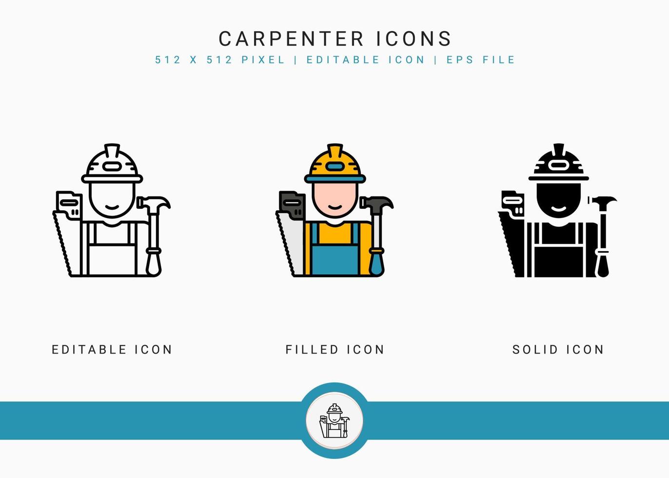 le icone del falegname impostano l'illustrazione vettoriale con lo stile della linea dell'icona solido. uomo con il concetto di martello. icona del tratto modificabile su sfondo isolato per il web design, l'interfaccia utente e l'applicazione mobile