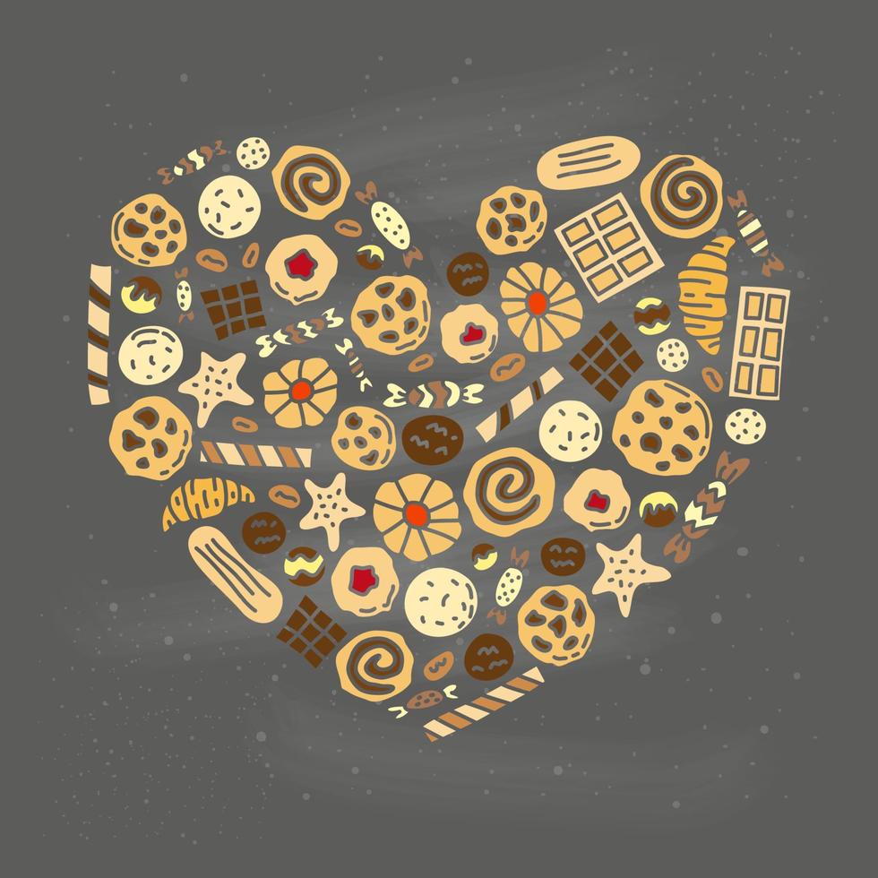 doodle colorati biscotti, cialde e caramelle composti a forma di cuore. vettore