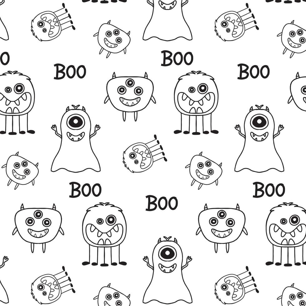 modello di halloween mostro. simpatici personaggi dei cartoni animati in semplice stile scandinavo disegnati a mano. illustrazione di doodle divertente infantile di vettore. vestiti per bambini, tessuti, tessuti, carta da parati, carta vettore