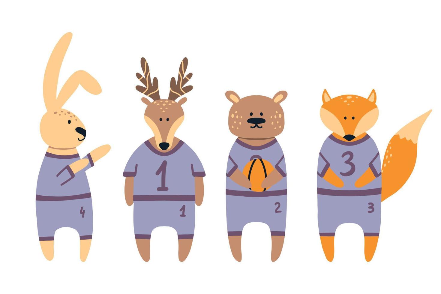 squadra di basket di animali della foresta. giocatori di basket lepre, volpe, orso, cervo. basket per bambini. illustrazione disegnata a mano in stile scandinavo. illustrazione vettoriale. vettore