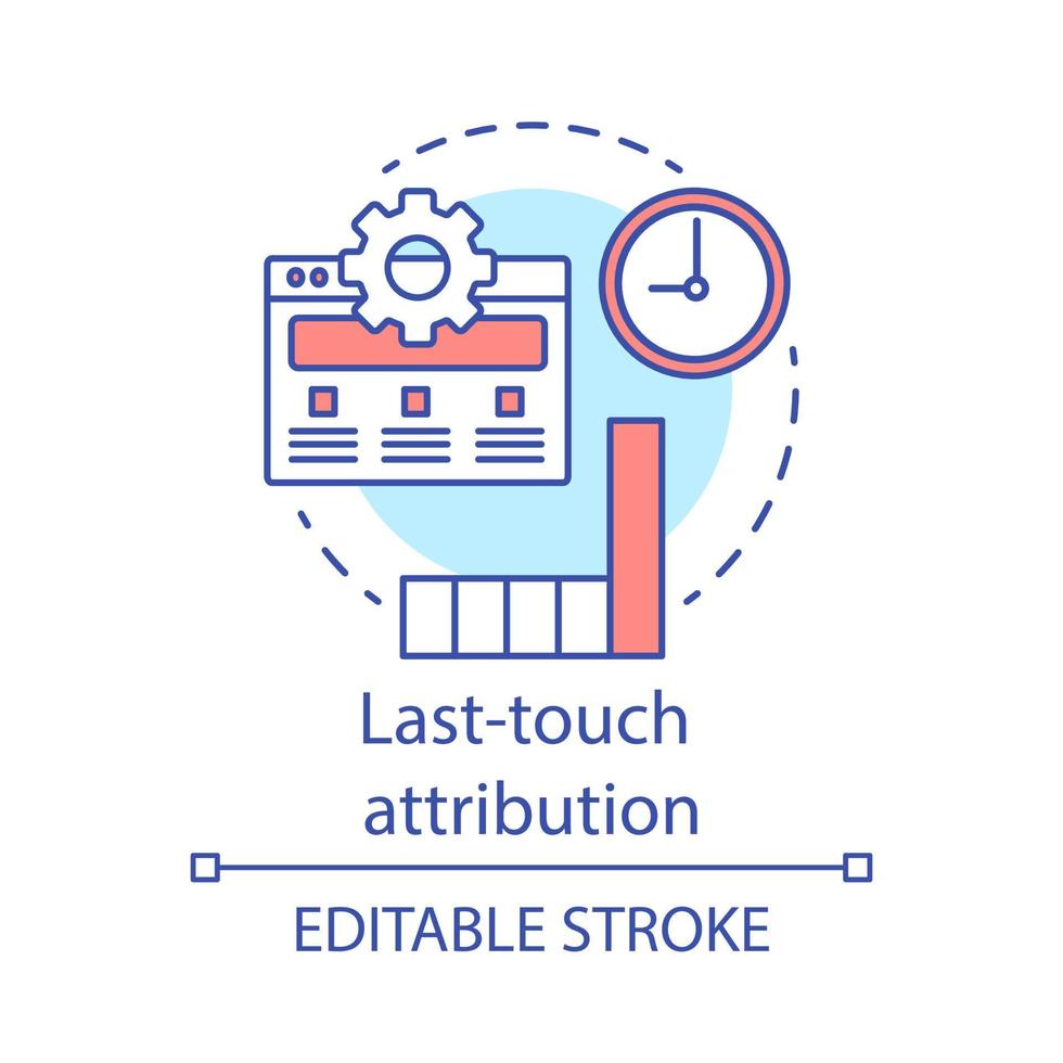 icona del concetto di attribuzione dell'ultimo tocco. illustrazione al tratto sottile dell'idea di analisi del canale di marketing. tipo di modello di attribuzione. traffico e conversioni. disegno di contorno isolato vettoriale. tratto modificabile vettore