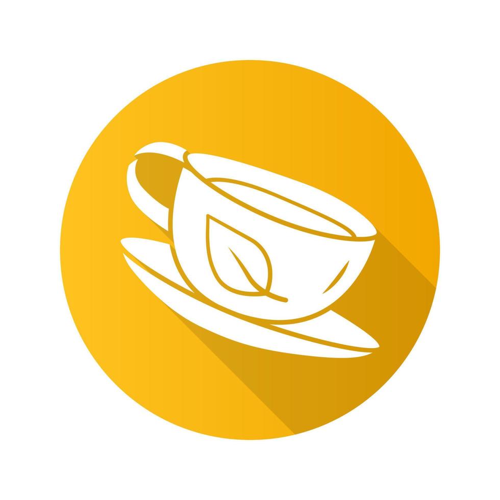 icona del glifo con ombra lunga design piatto tazza di tè verde. bevanda naturale ed ecologica a base di erbe. caffetteria, logo del caffè. bere dietetico disintossicante, mangiare sano. tazza di porcellana con illustrazione della siluetta di vettore della bevanda