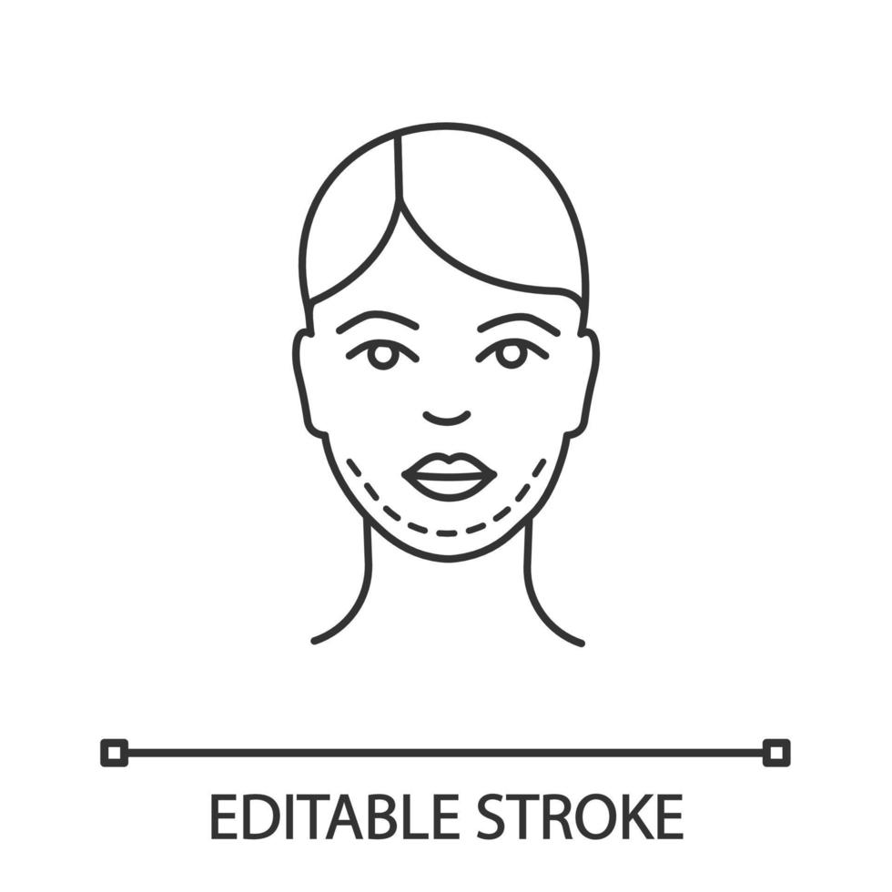 icona lineare di chirurgia del doppio mento. illustrazione al tratto sottile. chirurgia plastica. rimozione del doppio mento. genioplastica. procedura chirurgica di lifting. contorno vettoriale isolato disegno di contorno. tratto modificabile