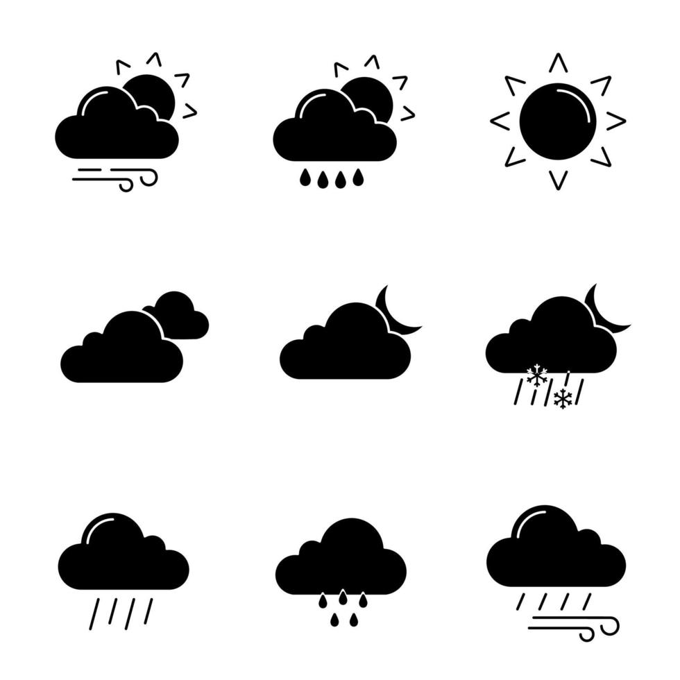 set di icone del glifo delle previsioni del tempo. tempo parzialmente nuvoloso e ventoso, pioggerella, sole, nuvole, notte, pioggia battente e pioviggine, vento, nuvoloso, nevischio. simboli di sagoma. illustrazione vettoriale isolato