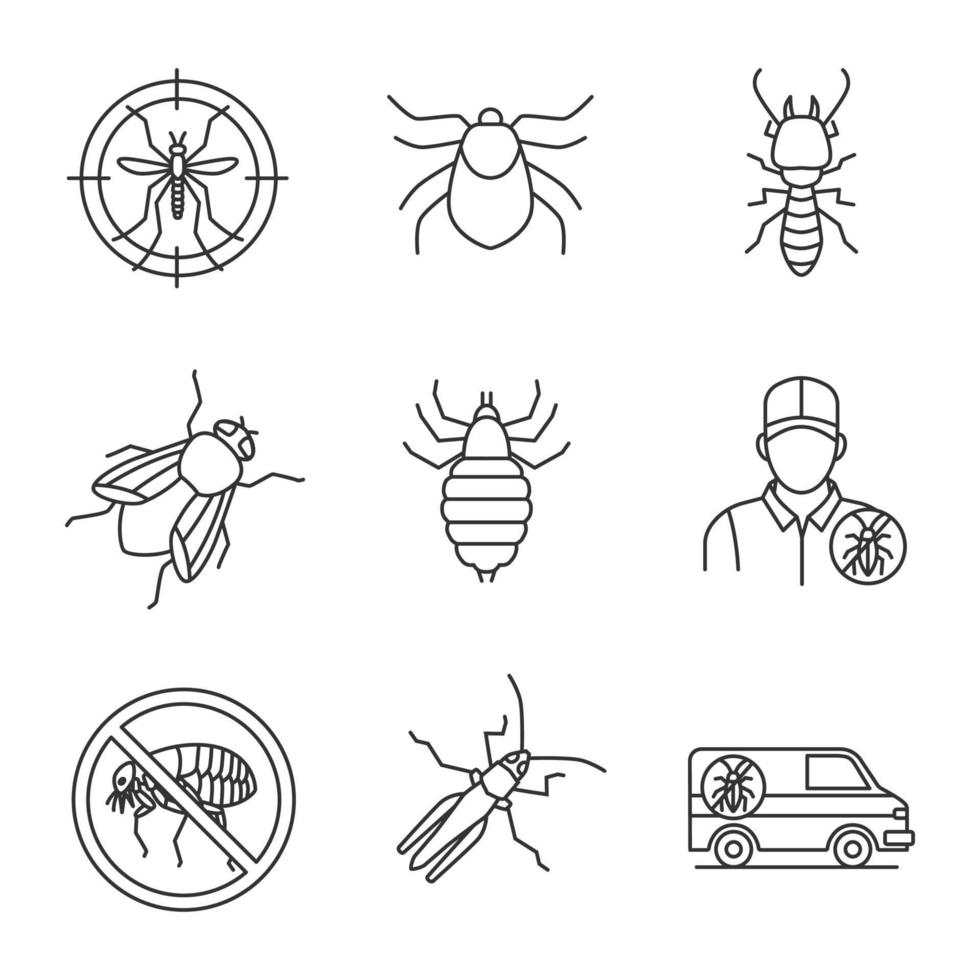 set di icone lineari per il controllo dei parassiti. auto del disinfestatore, cavalletta, segnale di stop pulci, termite, mosca domestica, pidocchio, acaro, bersaglio di zanzare. simboli di contorno di linee sottili. illustrazioni di contorno vettoriale isolate