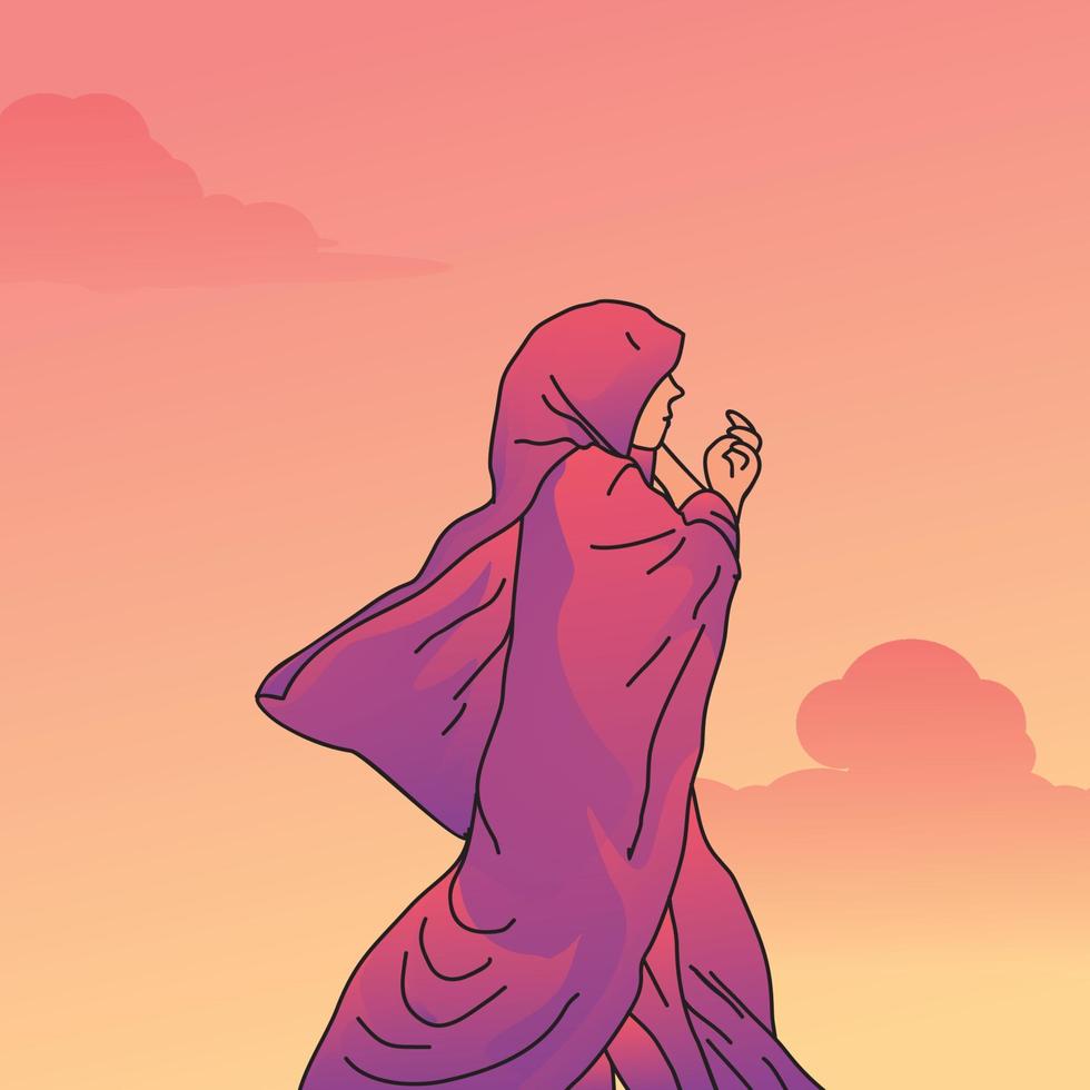 illustrazione di una donna musulmana che cammina mentre corregge il suo hijab su uno sfondo di tramonto vettore