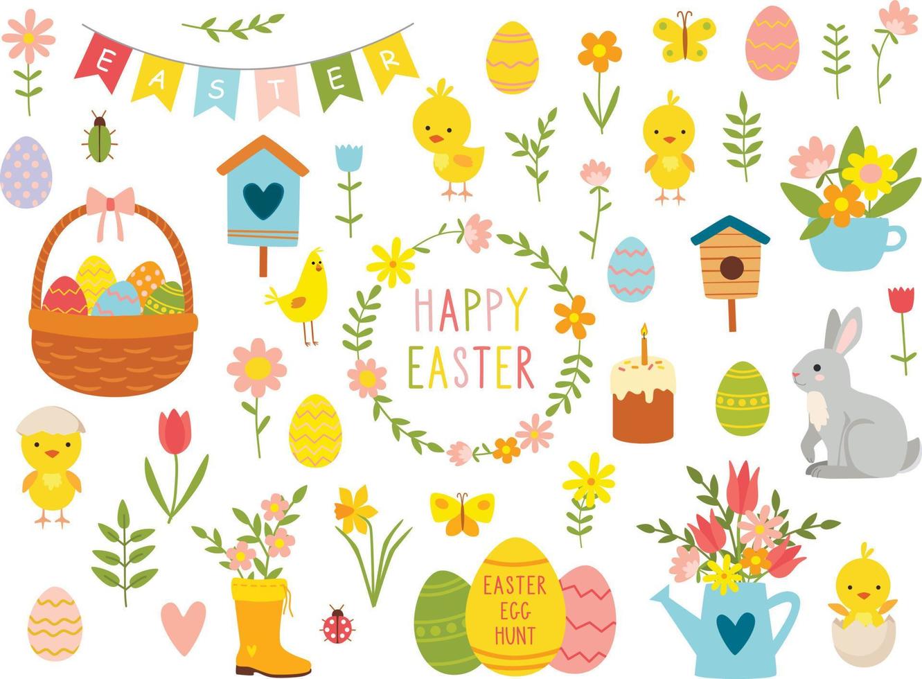 set di simpatici personaggi dei cartoni animati di Pasqua ed elementi di design. coniglietto pasquale, galline, uova e fiori. illustrazione vettoriale. vettore