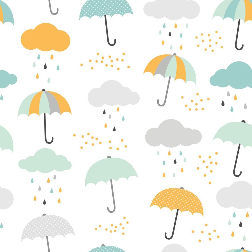 modello vettoriale carino con ombrelli, nuvole e gocce di pioggia. sfondo senza soluzione di continuità in stile scandinavo.