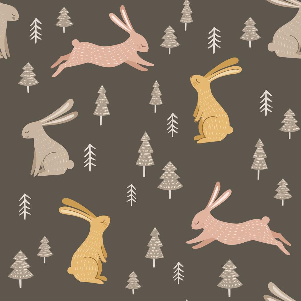 modello vettoriale di coniglio con alberi. stampa senza giunte della foresta. illustrazione del bosco con coniglietti disegnati a mano vintage.