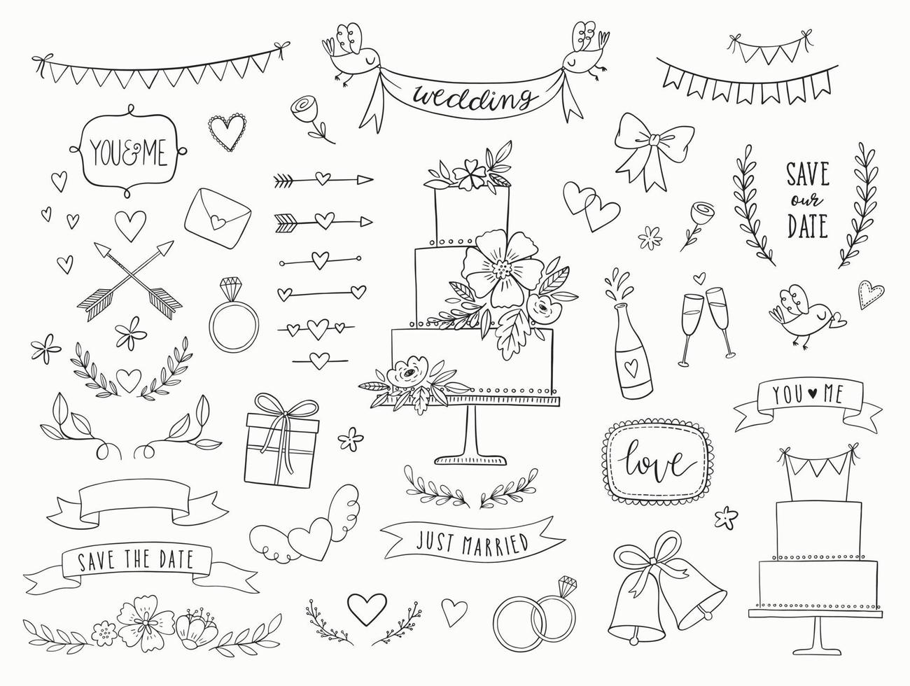 collezione di nozze doodle disegnato a mano. icone di nozze vettoriali, illustrazioni ed elementi di design per inviti, biglietti di auguri, poster. frecce, cuori, alloro, ghirlande, nastri, fiori, stendardi. vettore