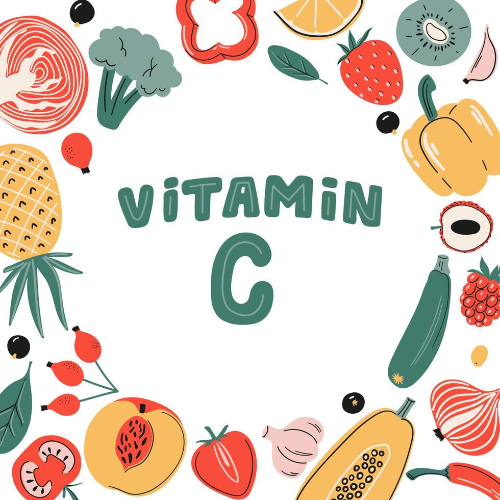 set di fonti di vitamina c vettoriali. raccolta di frutta, verdura e bacche. cibo sano, prodotti dietetici, biologico. illustrazione piatta del fumetto vettore