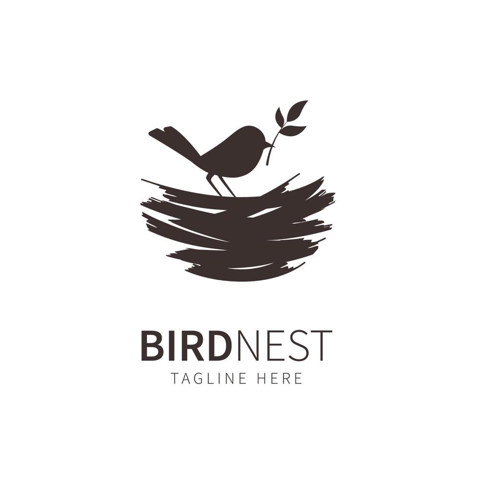 nido logo illustrazione silhouette uccello e foglia. simbolo della casetta degli uccelli vettore