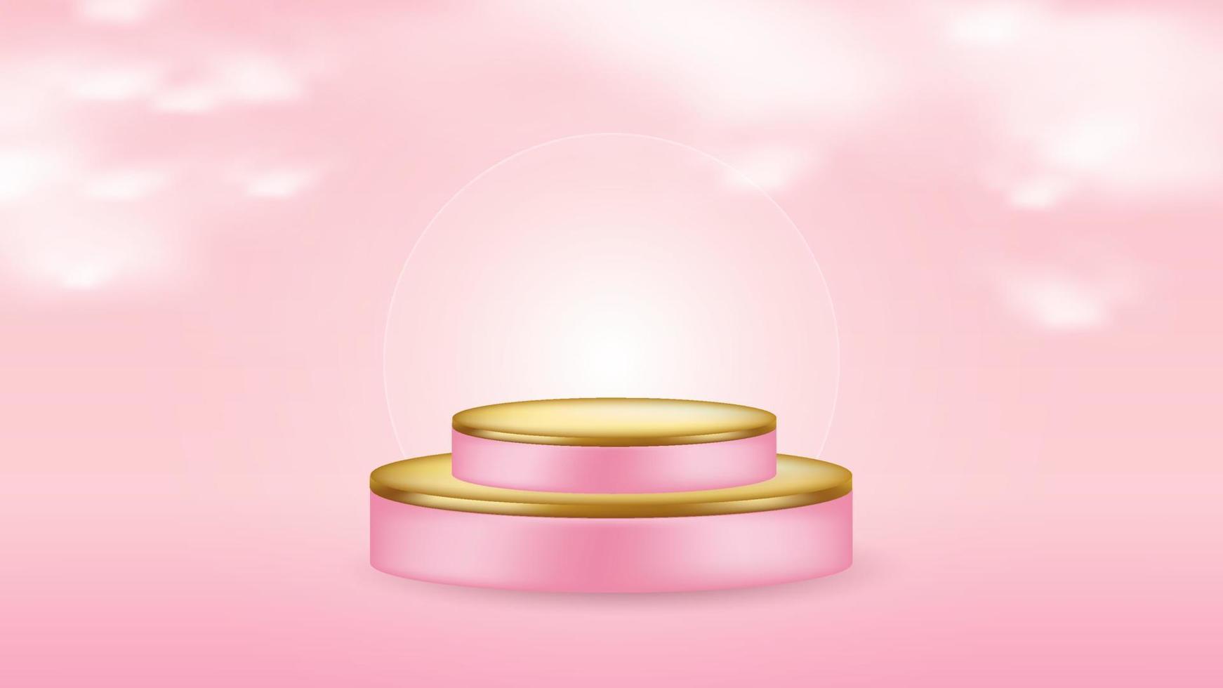podio 3d rosa e oro con nuvole. vetrina prodotti con luce soffusa. piattaforma di lusso minimale per cosmetici vettore