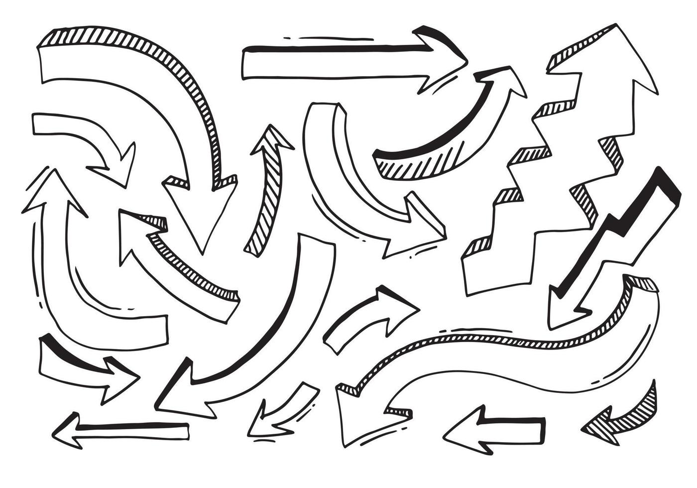 scarabocchiare elementi di design. frecce disegnate a mano isolate su sfondo bianco. illustrazione vettoriale. vettore