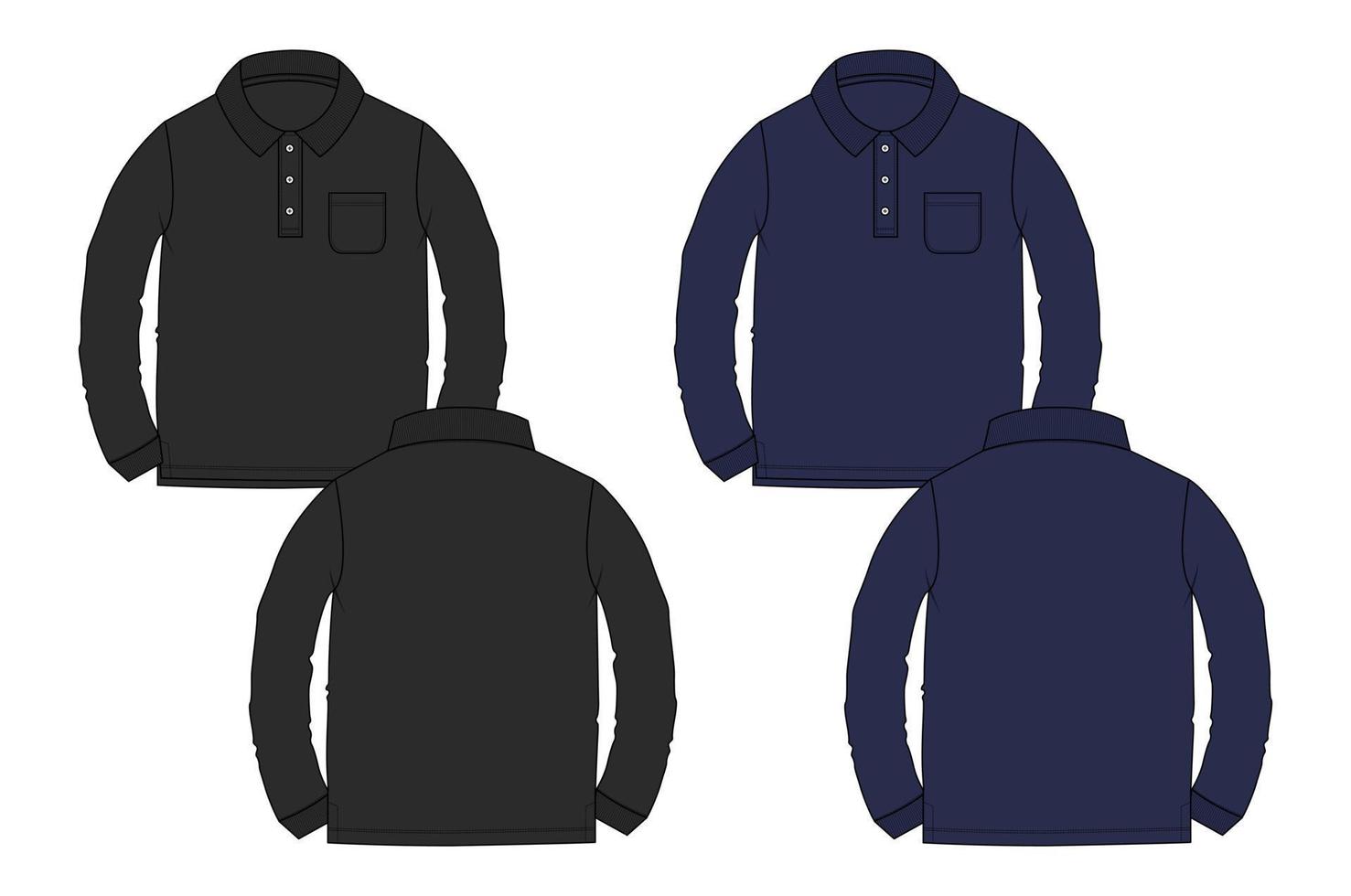 polo a maniche lunghe con tasca tecnica moda disegno piatto illustrazione vettoriale modello colore nero e blu scuro viste anteriore e posteriore.