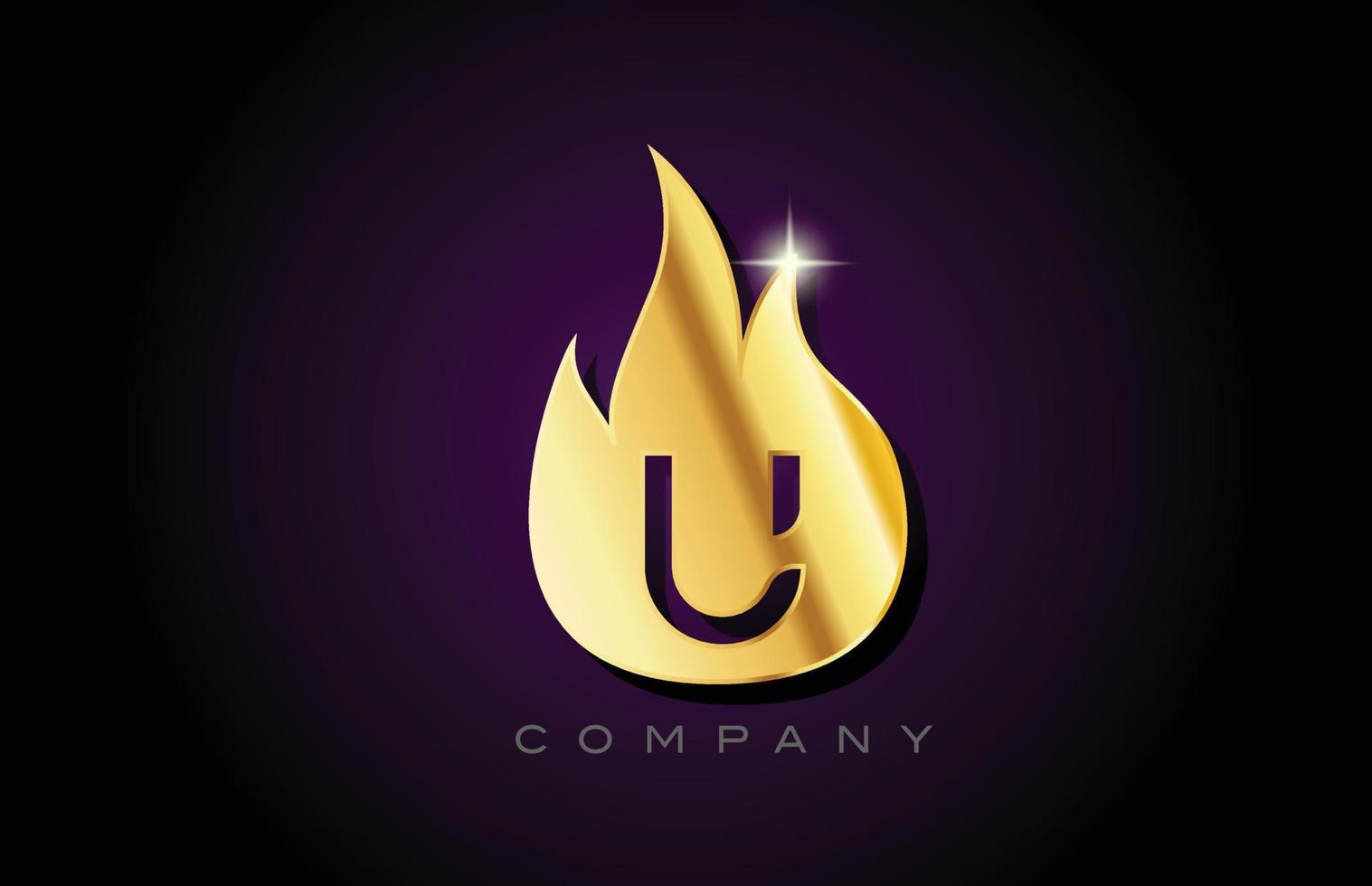 oro dorato fiamme u alfabeto lettera logo design. modello di icona creativa per affari e società vettore