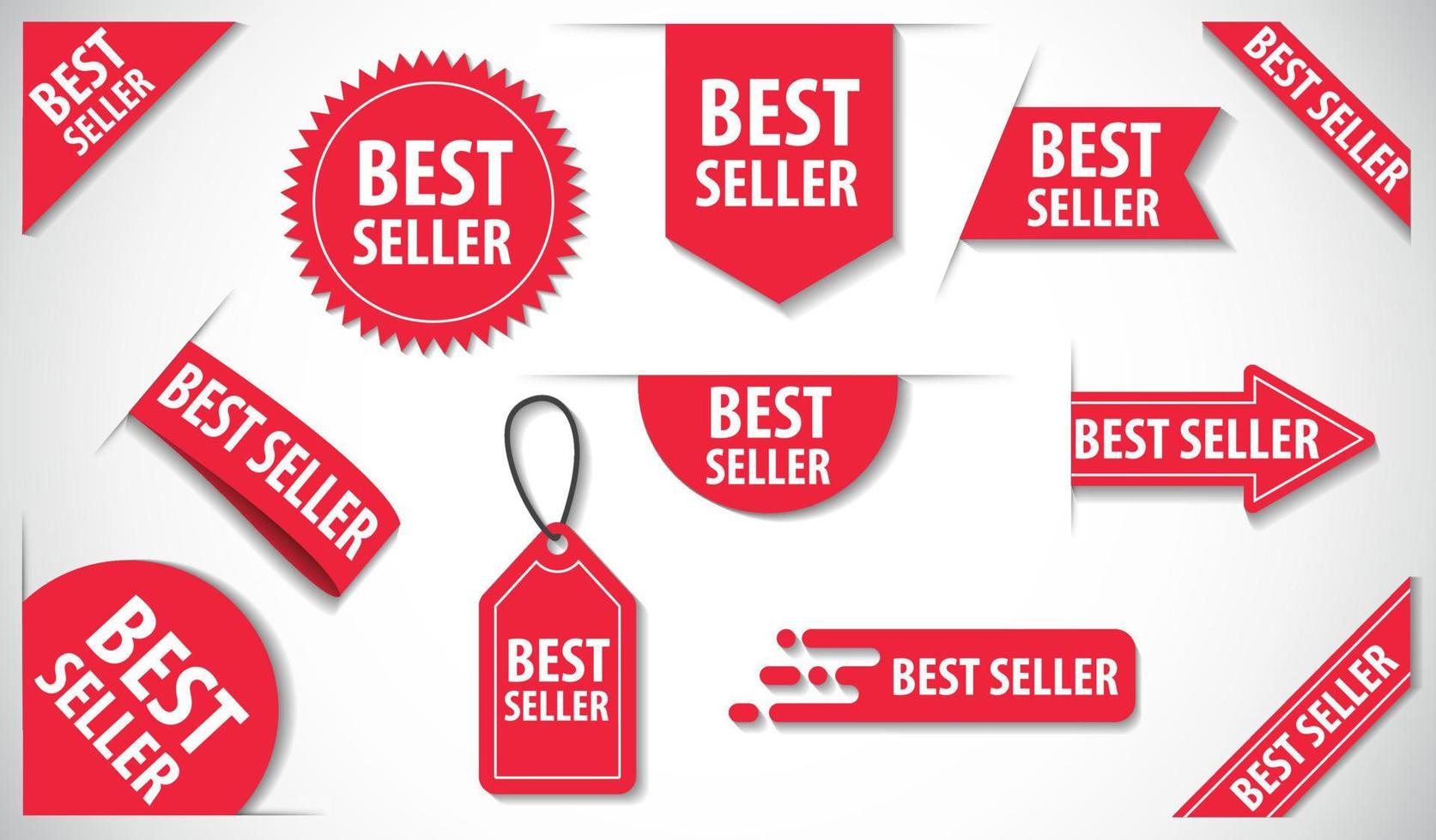 collezione di tag best seller, etichette rosse vettoriali isolate su sfondo bianco.