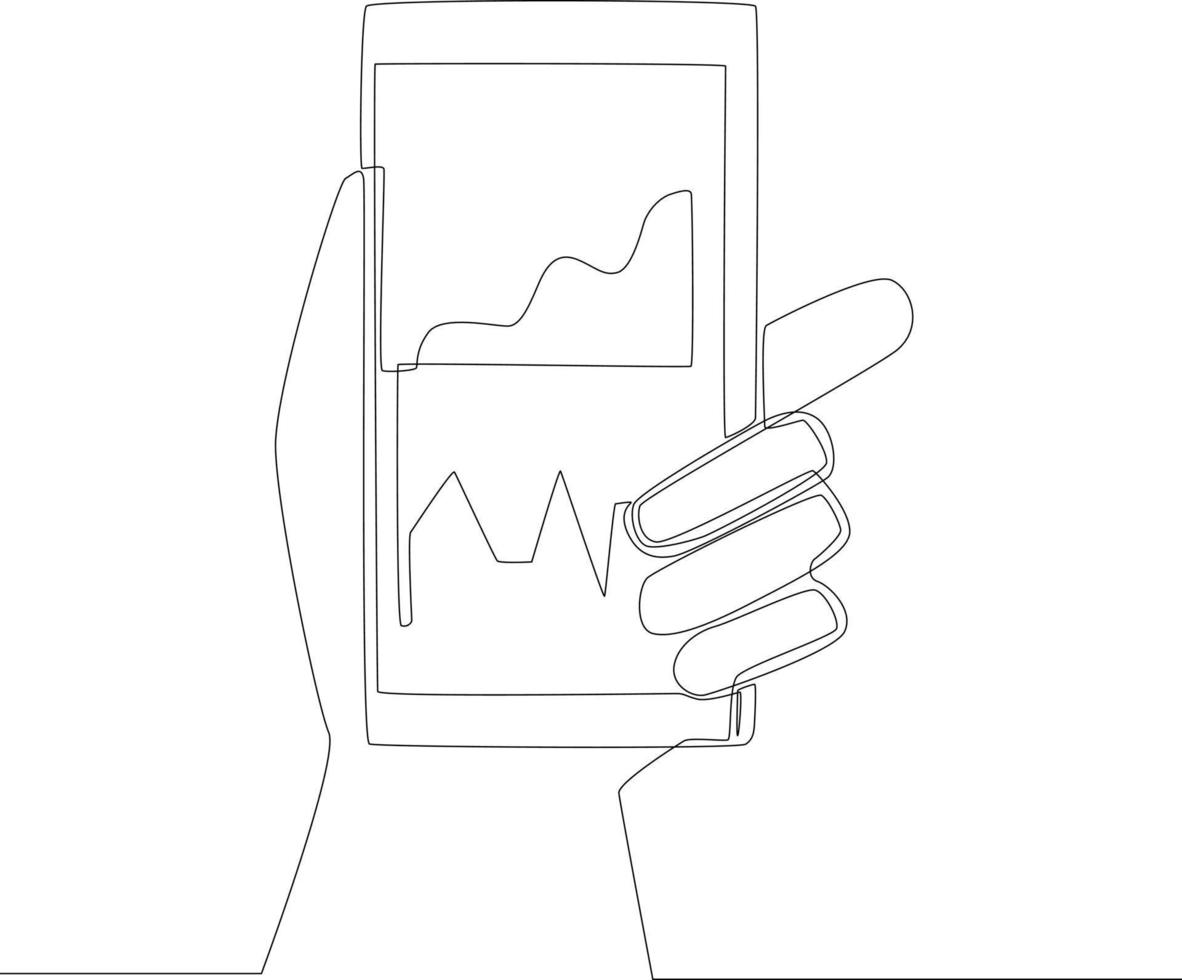 singola linea continua di disegno a mano che tiene la visualizzazione dello schermo del grafico del mercato azionario e il trading su smartphone. illustrazione vettoriale di un disegno grafico a una linea.