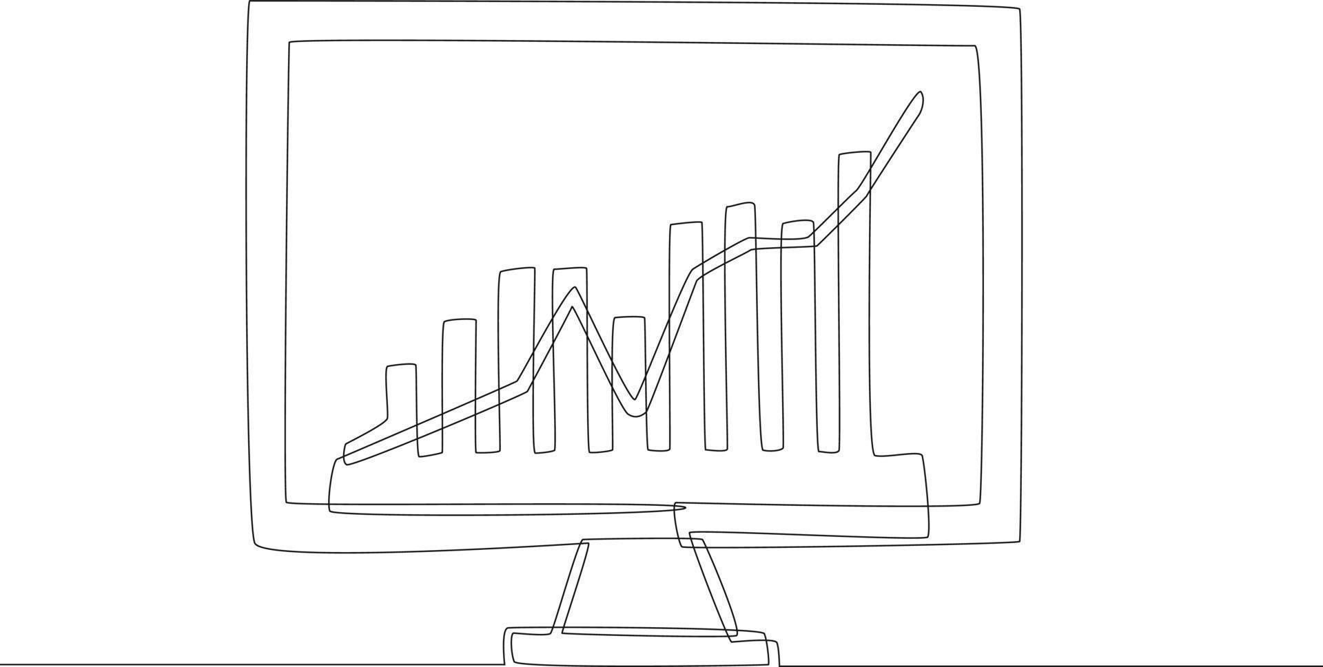 grafico dei dati del grafico del mercato della quota di disegno a linea continua singolo sul computer portatile a casa. illustrazione vettoriale di un disegno grafico a una linea.