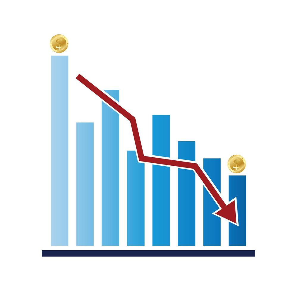 grafico a barre del rapporto di affari, freccia rossa del grafico verso il basso vettore