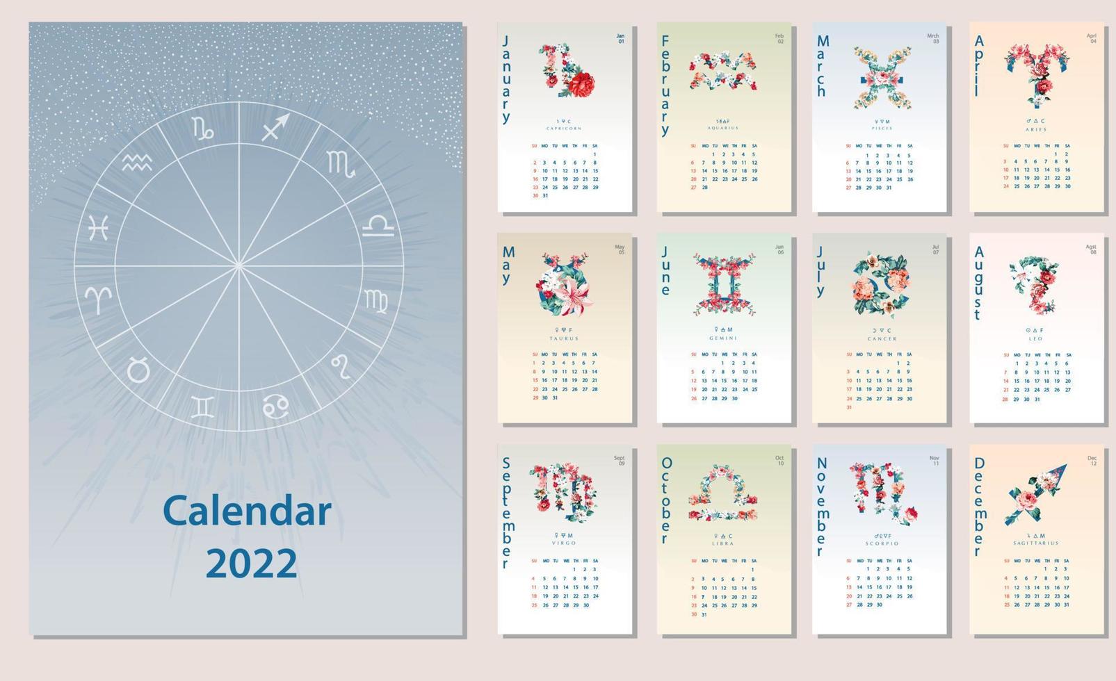 calendario creativo 2022 con segni oroscopo, simboli zodiacali realizzati con illustrazione floreale. può essere utilizzato per il web, stampa, carta, poster, banner, segnalibro. vettore