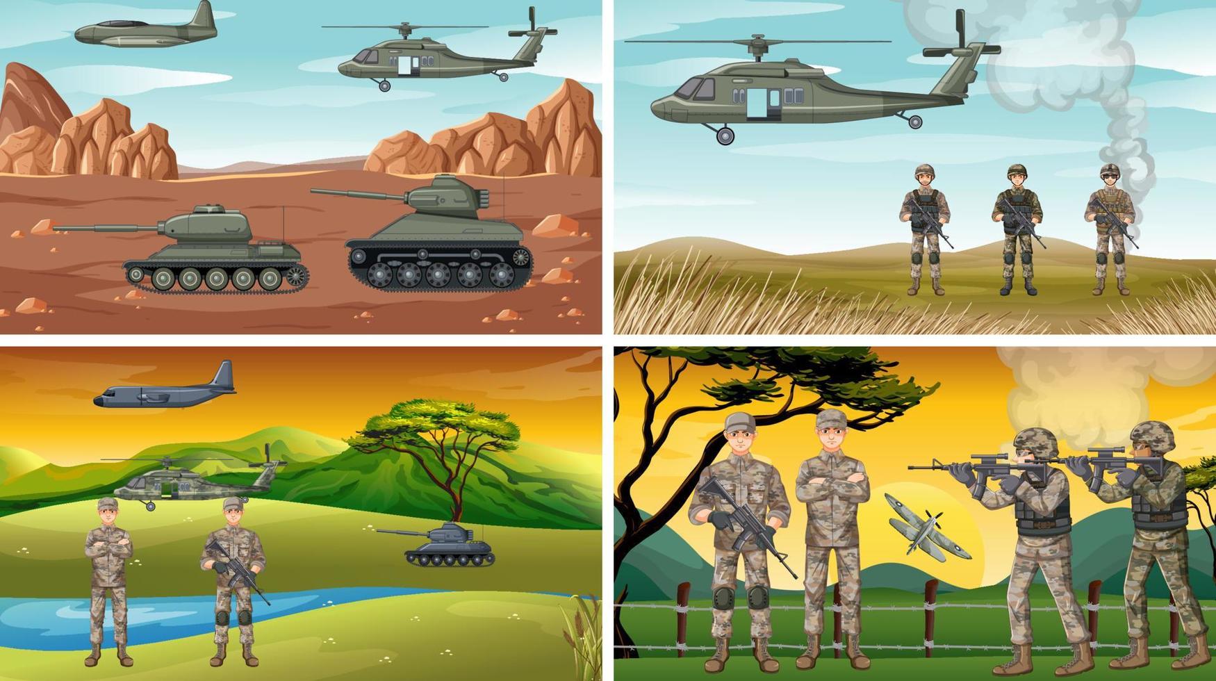set di diverse scene di guerra dell'esercito vettore