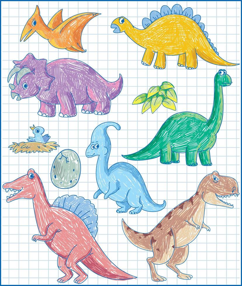 dinosauri doodle disegnati a mano per bambini vettore