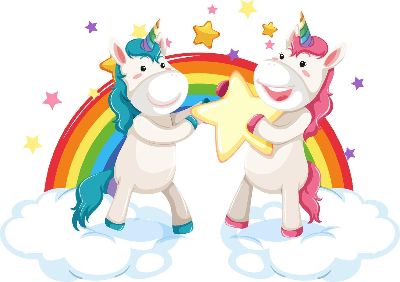 due simpatici unicorni in piedi sulle nuvole con arcobaleno vettore