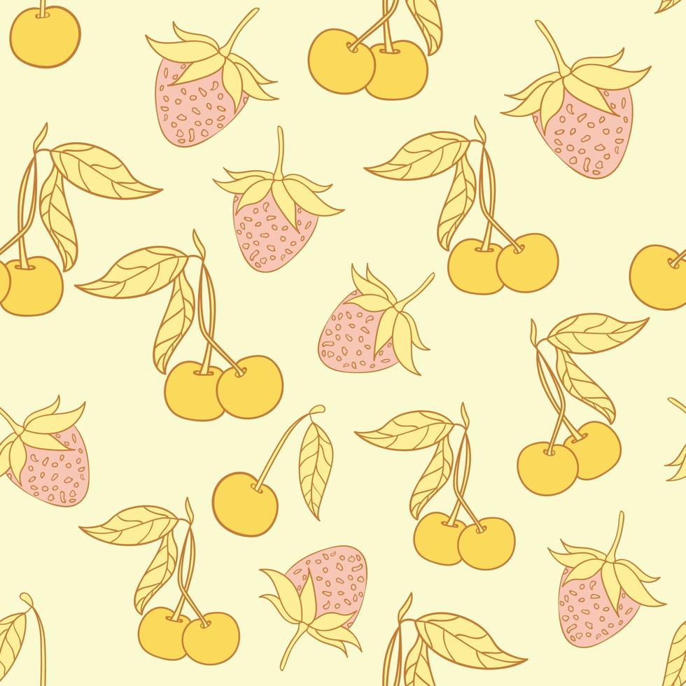 disegno del modello senza cuciture ciliegia e fragola. bellissimo disegno del modello senza cuciture bacche tropicali. frutti tropicali e foglie senza cuciture sullo sfondo del modello. vettore