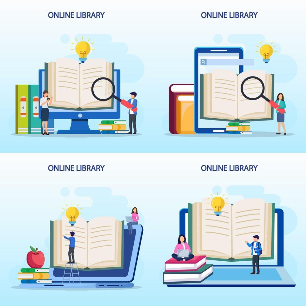 concetto di biblioteca online, biblioteca online per l'istruzione, concetto di riferimento online, libro, letteratura o elearning. vettore piatto