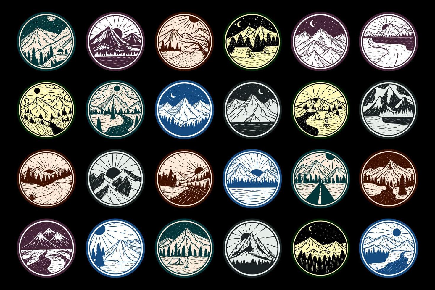 set mega collezione avventura logo badge emblema montagna campeggio paesaggio vintage outdoor disegnato a mano icona clipart illustrazione vettore