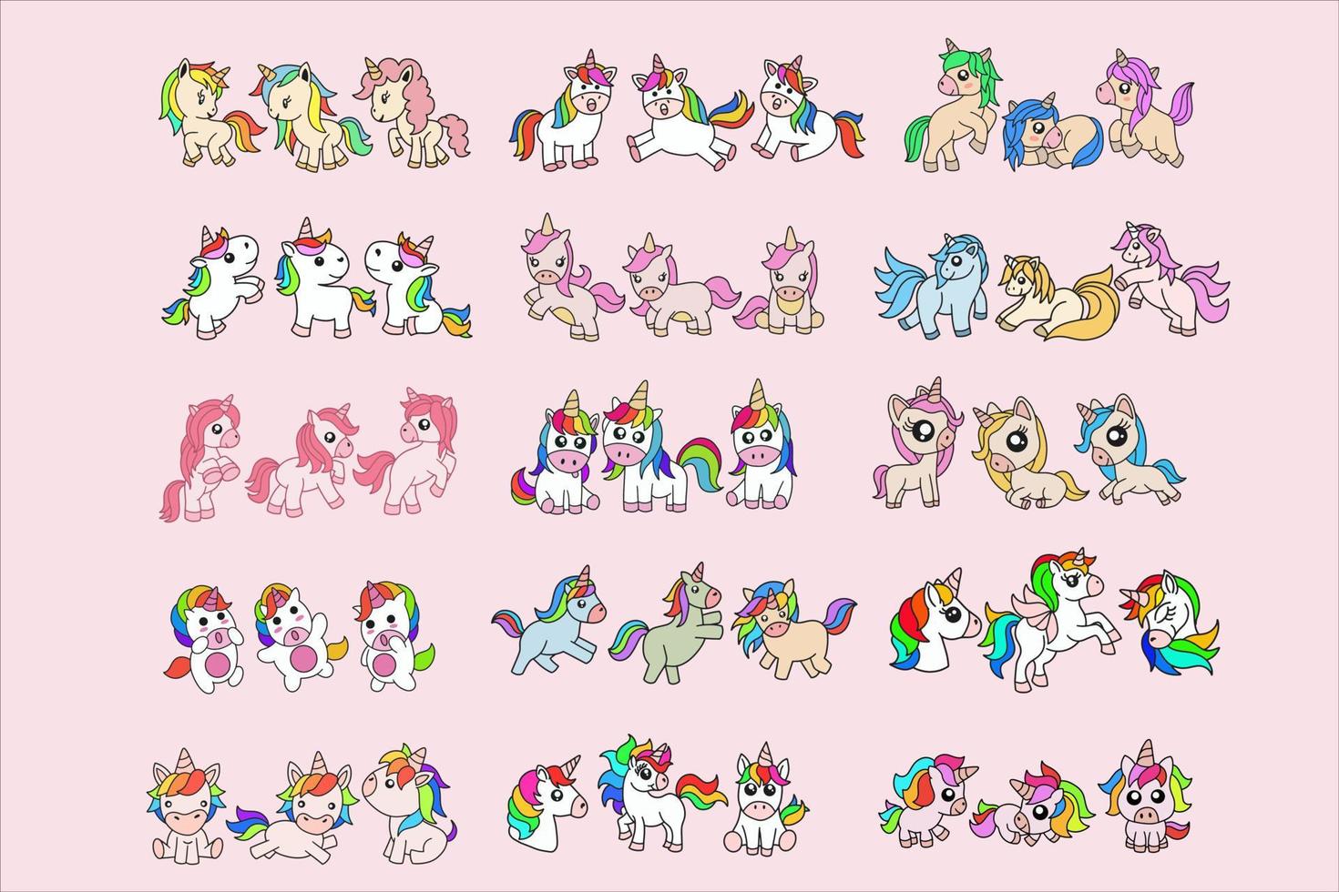 set mega pacchetto di raccolta di carino colorato unicorno magico cavallo doodle cartone animato animale animale domestico personaggio felice raccolta illustrazione vettore