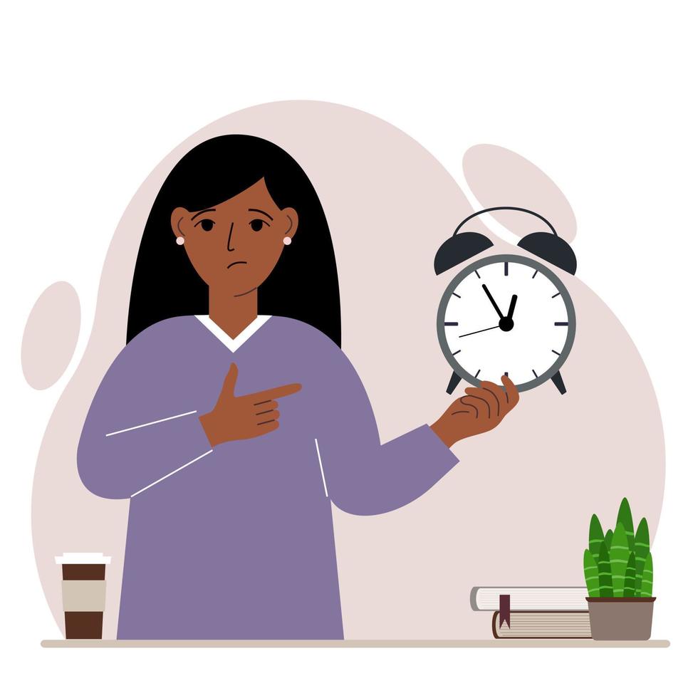 concetto moderno di illustrazione della gestione del tempo. una donna triste tiene in mano una sveglia e il secondo la indica. illustrazione piatta vettoriale