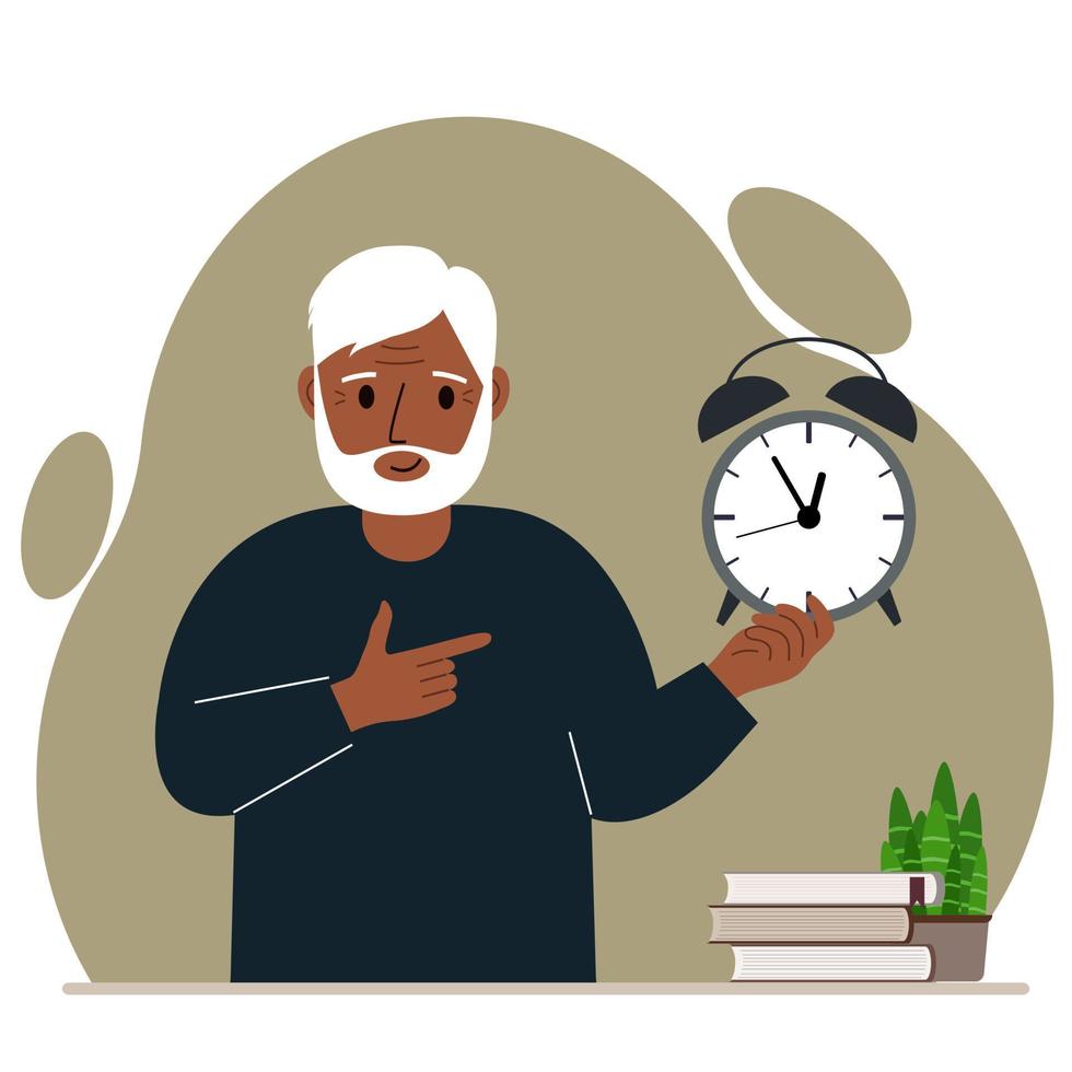 concetto moderno di illustrazione della gestione del tempo. un nonno sorridente tiene in mano una sveglia e il secondo la indica. illustrazione piatta vettoriale