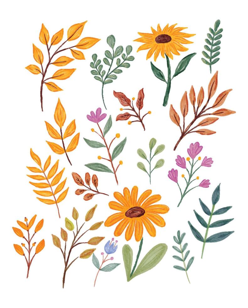 raccolta di illustrazione ad acquerello di foglie e fiori vettore